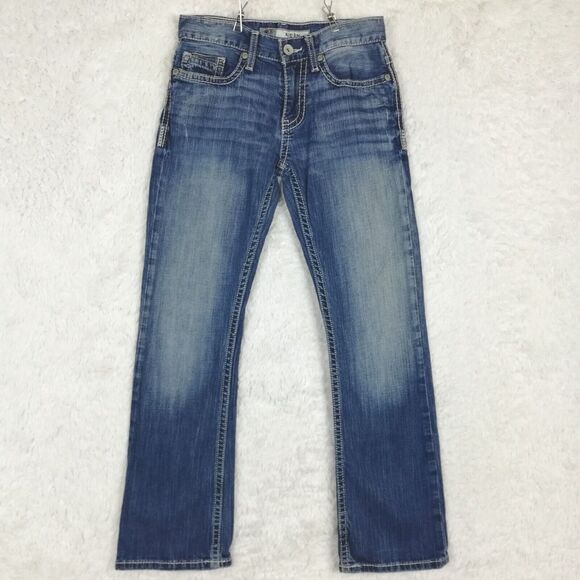 BKE Womens Jeans‎ Aiden Boot Cut Blue Denim Whiskering Stone Mid Rise Short 27S - Picture 1 of 13